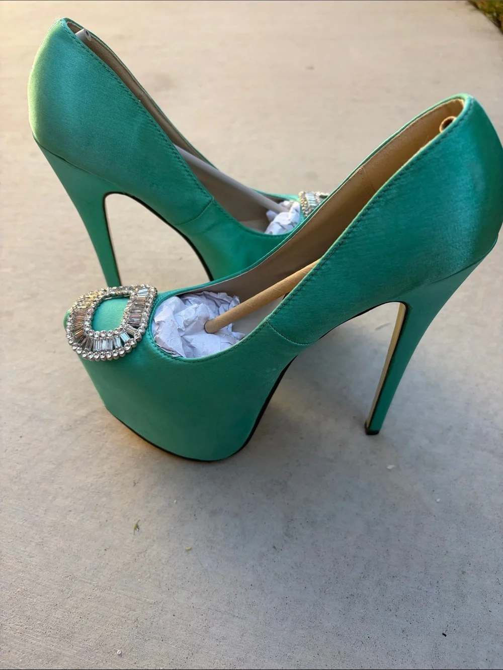 Women's Teal Satin Platform High Heels with Crystal Buckle